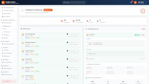 Intelligence Gathering - Data source integration with 8 external systems (SAP, OpenWeatherMap, Primavera P6, IoT Sensors), tool execution logs, and network configuration.